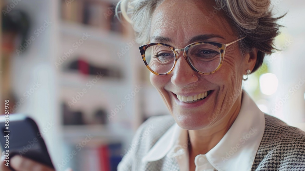 A smiling woman wearing glasses is focused on her cell phone A smiling woman wearing glasses is focused on her cell phone