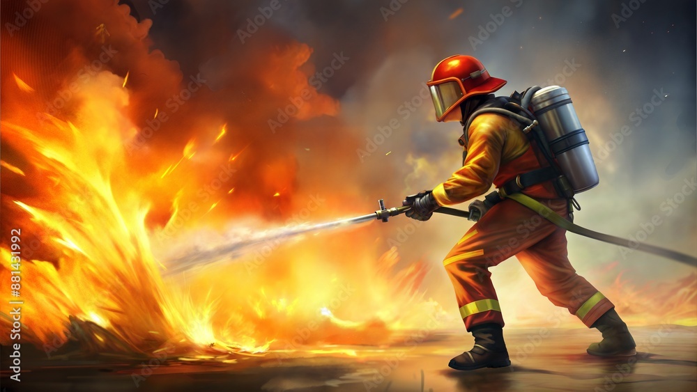 Fototapeta premium A firefighter extinguishing a fire portraying