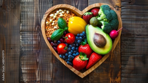 A vibrant photo showcasing a heart shaped bowl filled with nutritious diet foods, including fresh fruits, vegetables, and whole grains, promoting heart health and cardiovascular wellness. 