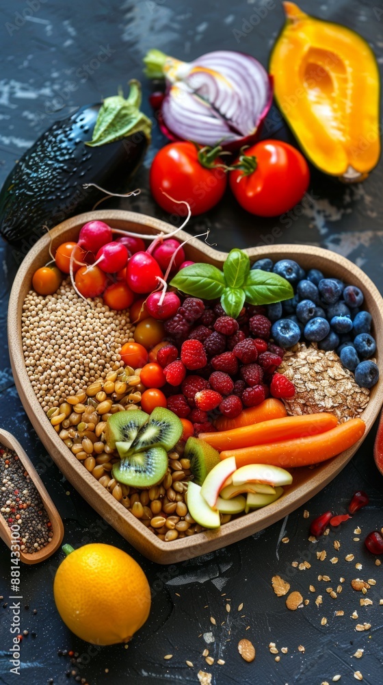 A vibrant photo showcasing a heart shaped bowl filled with nutritious diet foods, including fresh fruits, vegetables, and whole grains, promoting heart health and cardiovascular wellness. A vibrant photo showcasing a heart shaped bowl filled with nutritious diet foods, including fresh fruits, vegetables, and whole grains, promoting heart health and cardiovascular wellness.