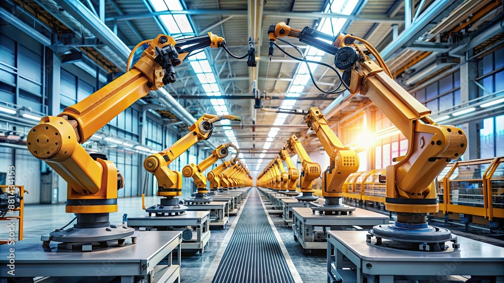 Robotic arms in a high-tech factory showcasing advanced automation in manufacturing, technology, robotics Robotic arms in a high-tech factory showcasing advanced automation in manufacturing, technology, robotics