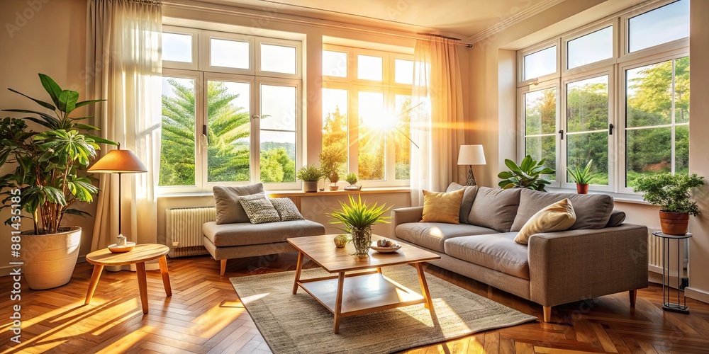 Fototapeta premium Living room with sunlight shining through window, creating a cozy atmosphere, living room, interior design, sunlight, window