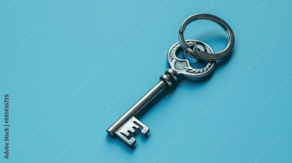 Silver Key with Keyring on Blue Background Silver Key with Keyring on Blue Background