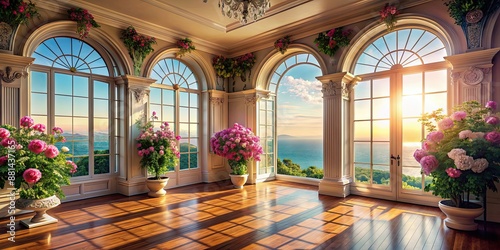 Radiant blooms decorating a sunlit renaissance room with a view of the sea , flowers, nature, vibrant, luxurious, elegant, sunny photo