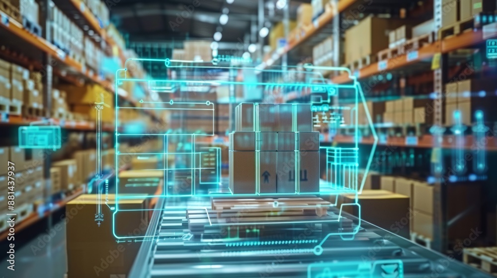 Smart warehouse management system using augmented reality technology to identify package picking and delivery . Future concept of supply chain and logistic business Smart warehouse management system using augmented reality technology to identify package picking and delivery . Future concept of supply chain and logistic business