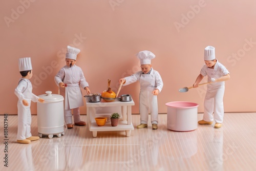 Miniature family cooking in the kitchen together