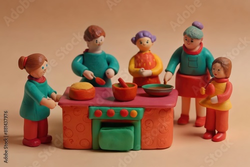 Miniature family cooking in the kitchen together