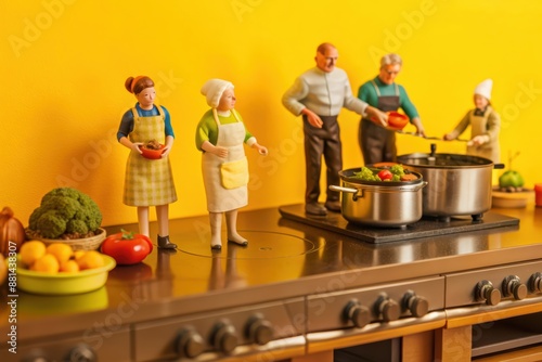 Miniature family cooking in the kitchen together
