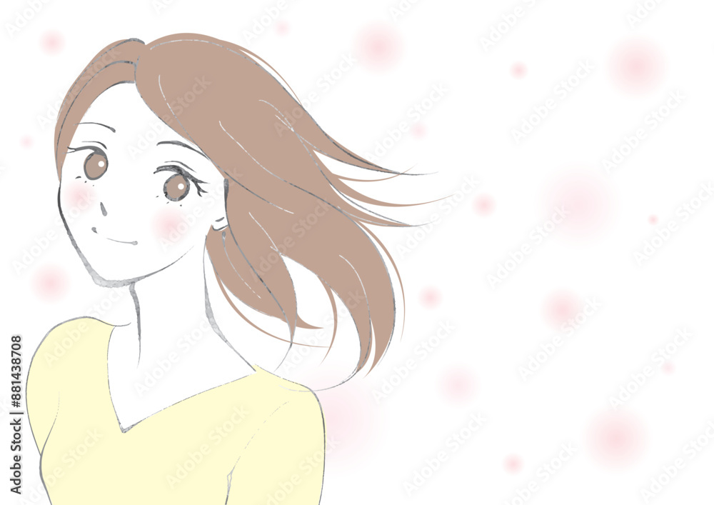 髪をなびかせて笑顔を浮かべる黄色い服の女性-横型 髪をなびかせて笑顔を浮かべる黄色い服の女性-横型