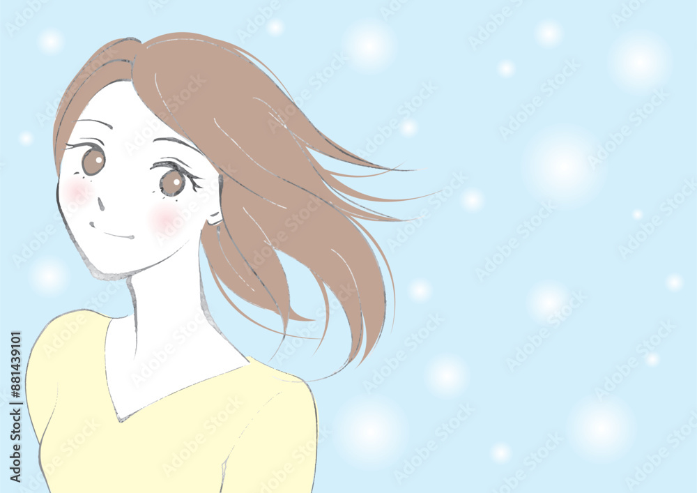 水色の背景で髪をなびかせて笑顔を浮かべる黄色い服の女性 水色の背景で髪をなびかせて笑顔を浮かべる黄色い服の女性