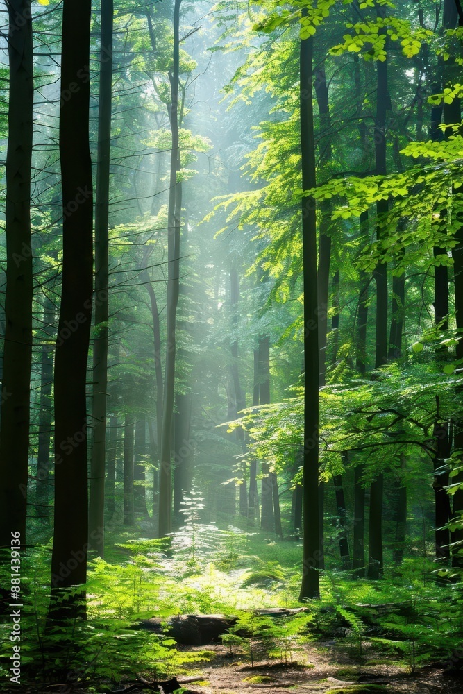 Obraz premium A dense forest with sunlight filtering through the trees, symbolizing tranquility