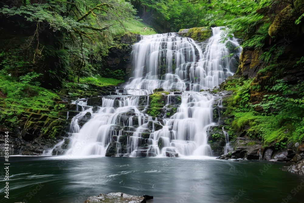 A waterfall cascading in a lush forest, showcasing natural beauty A waterfall cascading in a lush forest, showcasing natural beauty