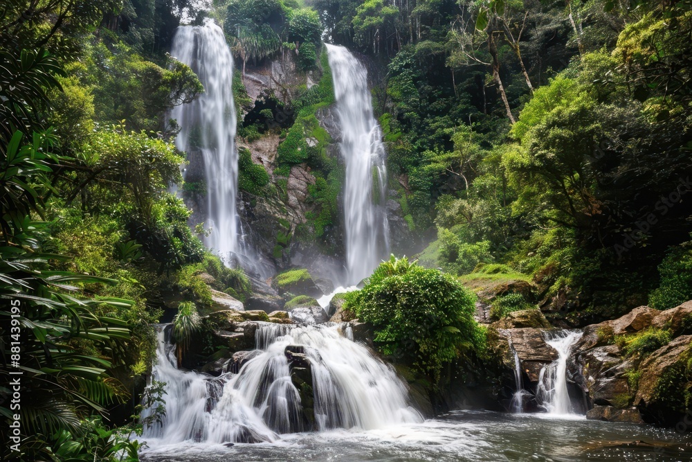 A stunning view of a lush, green forest with multiple cascading waterfalls surrounded by dense foliage and vibrant nature. A stunning view of a lush, green forest with multiple cascading waterfalls surrounded by dense foliage and vibrant nature.