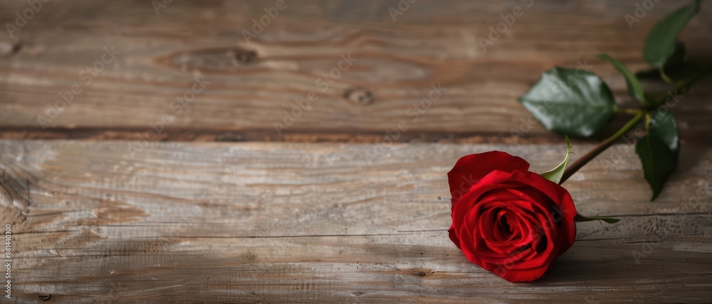 Single Red Rose on Rustic Wooden Table with Green Leaves, Symbolizing Love and Romance, Perfect for Valentine's Day Single Red Rose on Rustic Wooden Table with Green Leaves, Symbolizing Love and Romance, Perfect for Valentine's Day