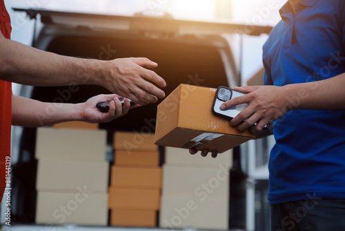 Wallpaper Mural Asian delivery express courier young man use giving boxes to woman customer he wearing protective face mask at front home Torontodigital.ca