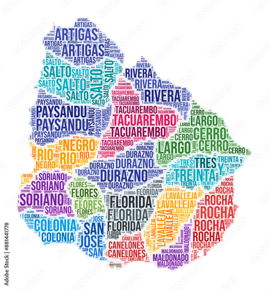 Uruguay region word cloud. Country shape design. Uruguay colored illustration. Region names collage cloud. Vector illustration.
