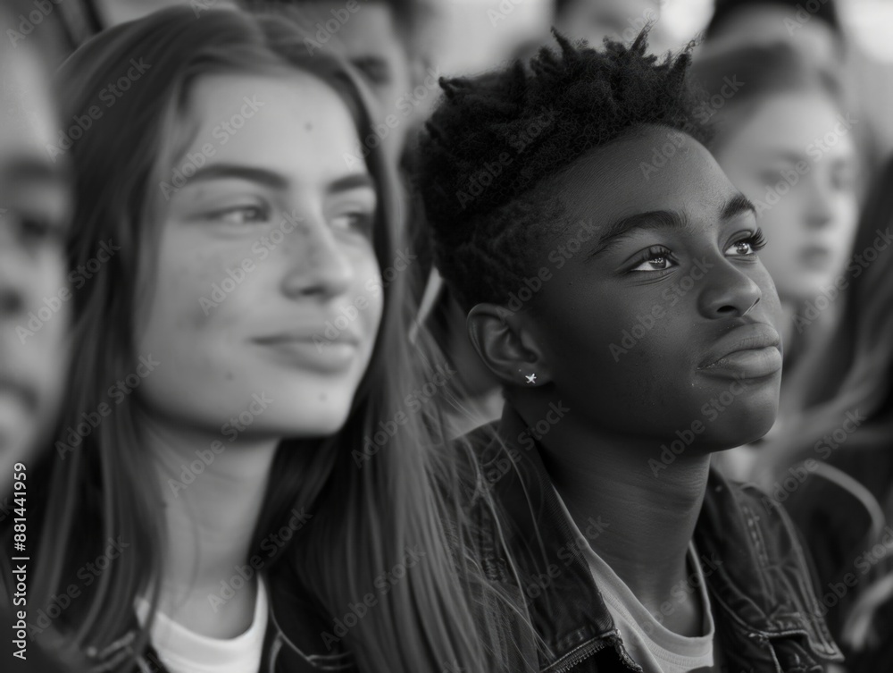 A group of young adults sit side by side, enjoying each other's company A group of young adults sit side by side, enjoying each other's company