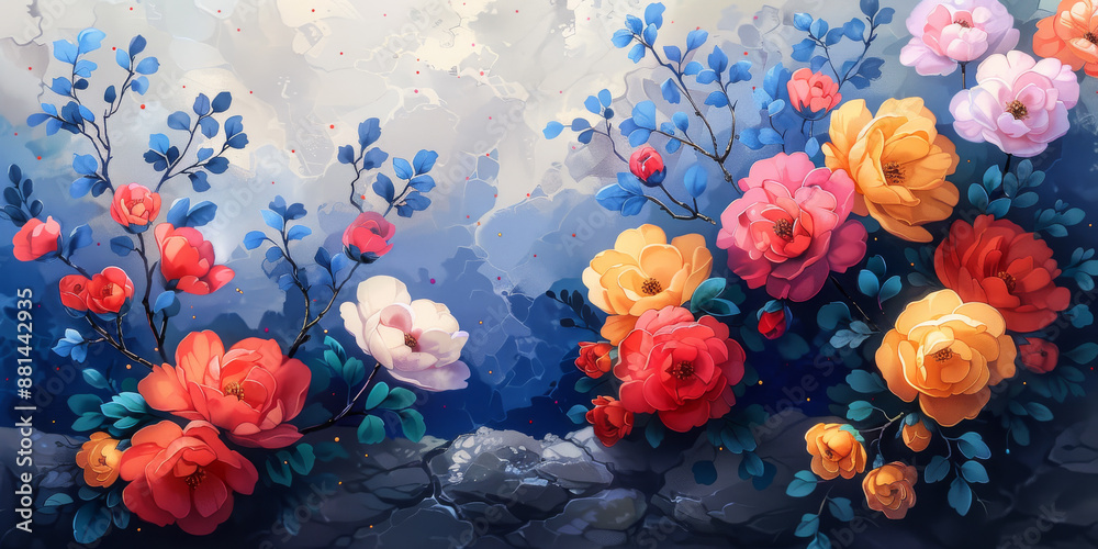 Fototapeta premium パネルの壁アート、壁の装飾、花のデザインの大理石の背景