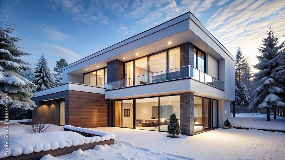Modern house covered in snow with clean lines and large windows , winter, architecture, cold, home, cozy Modern house covered in snow with clean lines and large windows , winter, architecture, cold, home, cozy