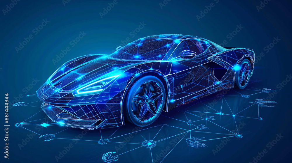 Naklejka premium Futuristic 3d rendered x-ray blue transparent sports car wireframe 