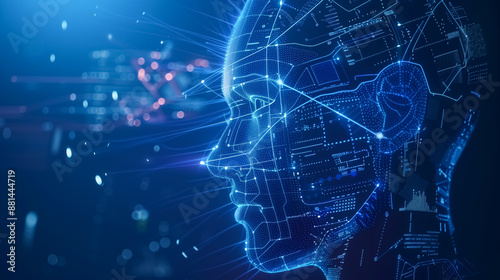 Artificial intelligence in a humanoid head with a neural network processes and analyzes big data. The AI's digital brain is constantly learning and improving its information analysis capabilities.