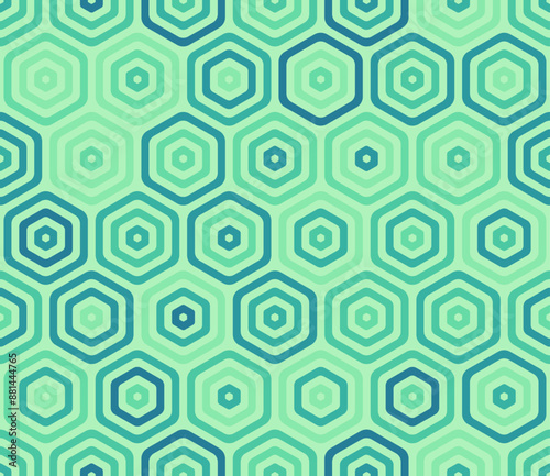 Tileable mosaic background. Bold rounded stacked hexagon cells. Large honeycomb cells. Multiple tones color palette. Seamless pattern. Tileable vector illustration.