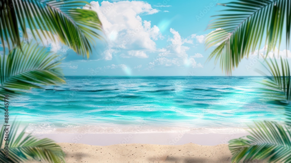 Beach with ocean and palm leaves on background Beach with ocean and palm leaves on background