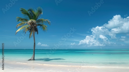 White sand beach, turquoise water, palm trees