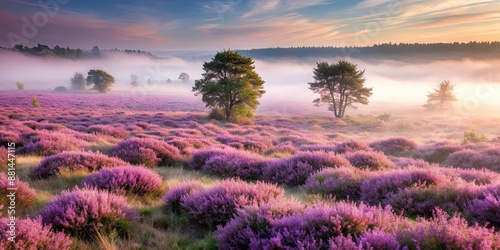 Imaginative photo of a mist-covered moor with blooming heather in shades of purple and pink, moor, mist, heather, blooming