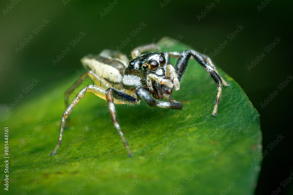 Jumping spider on green leaf, Colorful insect, Selective focus, Macro photography. Jumping spider on green leaf, Colorful insect, Selective focus, Macro photography.