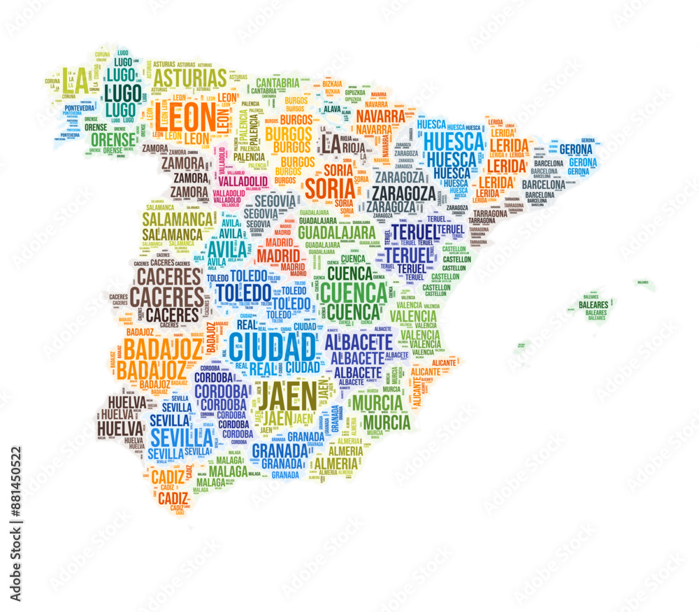 Spain region word cloud in the shape of the country. A colorful illustration featuring a collage of region names. Spain region word cloud in the shape of the country. A colorful illustration featuring a collage of region names.