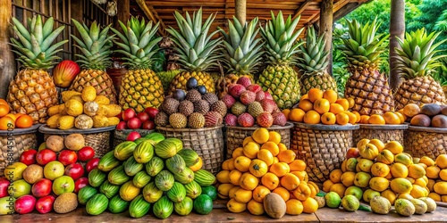 Vibrant tropical fruit stand showcasing ripe mangoes, pineapples, papayas, and coconuts , tropical, fruit, stand, colorful