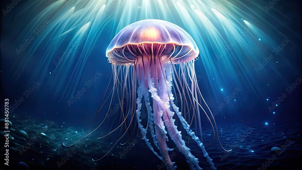 Fototapeta premium Majestic jellyfish floating in the dark ocean depths, jellyfish, ocean, deep sea, marine life, bioluminescent