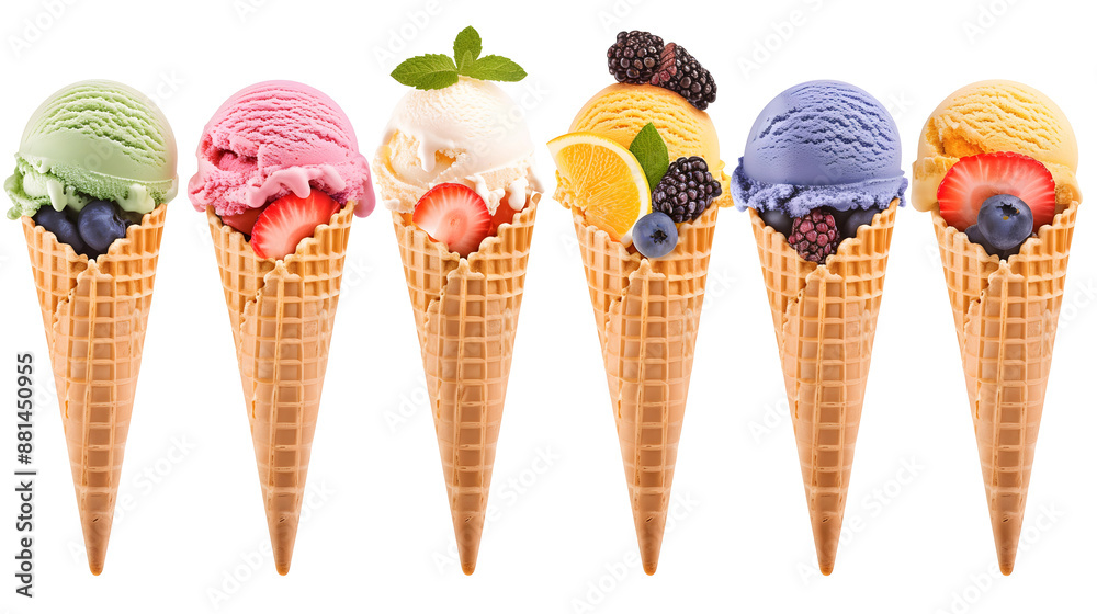 Assorted Ice Cream Cones with Fresh Fruits on White Background Assorted Ice Cream Cones with Fresh Fruits on White Background