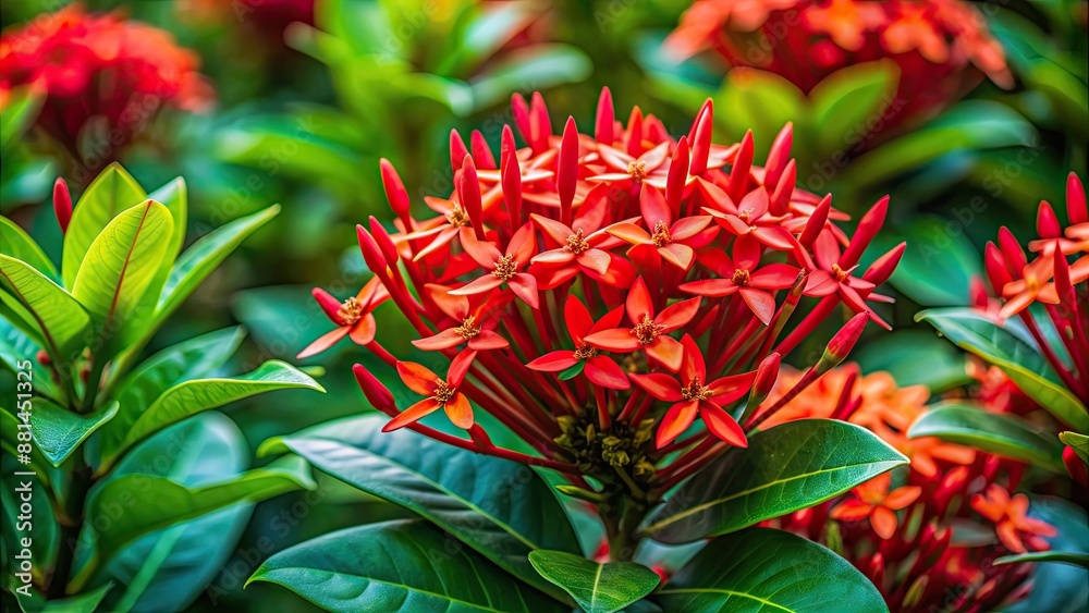 Unique coral-like plant with vibrant red flowers and intricate green leaves, Coral plant, Jatropha multifida Unique coral-like plant with vibrant red flowers and intricate green leaves, Coral plant, Jatropha multifida