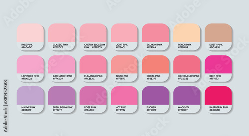 Pink Color Guide Palette with Color Names. Catalog Samples Pink with RGB HEX codes and Names. Metal Colors Palette Vector, Wood and Plastic Pink Color Palette, Fashion Trend Pink Color Palette