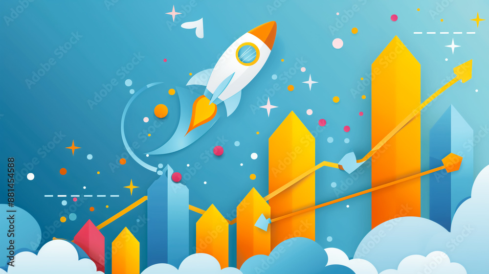 Naklejka premium Rising rocket over bar graph, symbolizing startup business growth and success. Concept of development and increasing achievements.