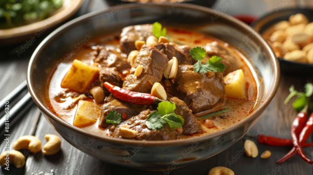A bowl of creamy Massaman curry with tender chunks of beef, potatoes, and roasted peanuts. A bowl of creamy Massaman curry with tender chunks of beef, potatoes, and roasted peanuts.
