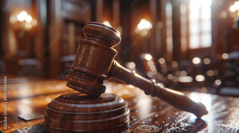 Justice in Action: Ultra-Realistic Close-Up of a Judge's Gavel Striking a Sound Block in a Brightly Lit Courtroom Justice in Action: Ultra-Realistic Close-Up of a Judge's Gavel Striking a Sound Block in a Brightly Lit Courtroom