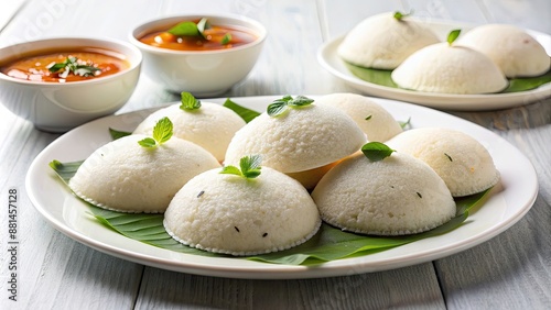 Idli served on a white plate, South Indian, breakfast, traditional, food, cuisine, vegetarian, steam, savory, round, fermented