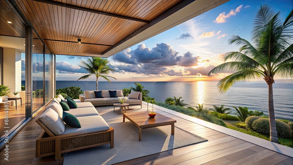 Fototapeta premium Luxurious modern villa patio overlooking the ocean in a tropical setting, villa, patio, ocean view, luxury