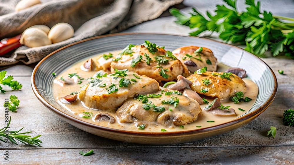 Plate of chicken with mushrooms in a creamy sauce garnished with herbs, chicken, mushrooms, creamy sauce, herbs, food, meal Plate of chicken with mushrooms in a creamy sauce garnished with herbs, chicken, mushrooms, creamy sauce, herbs, food, meal