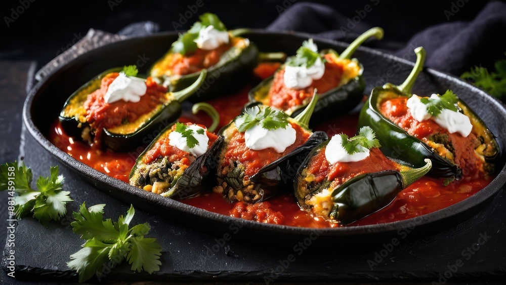 four stuffed peppers in a pan with sauce and sour cream four stuffed peppers in a pan with sauce and sour cream