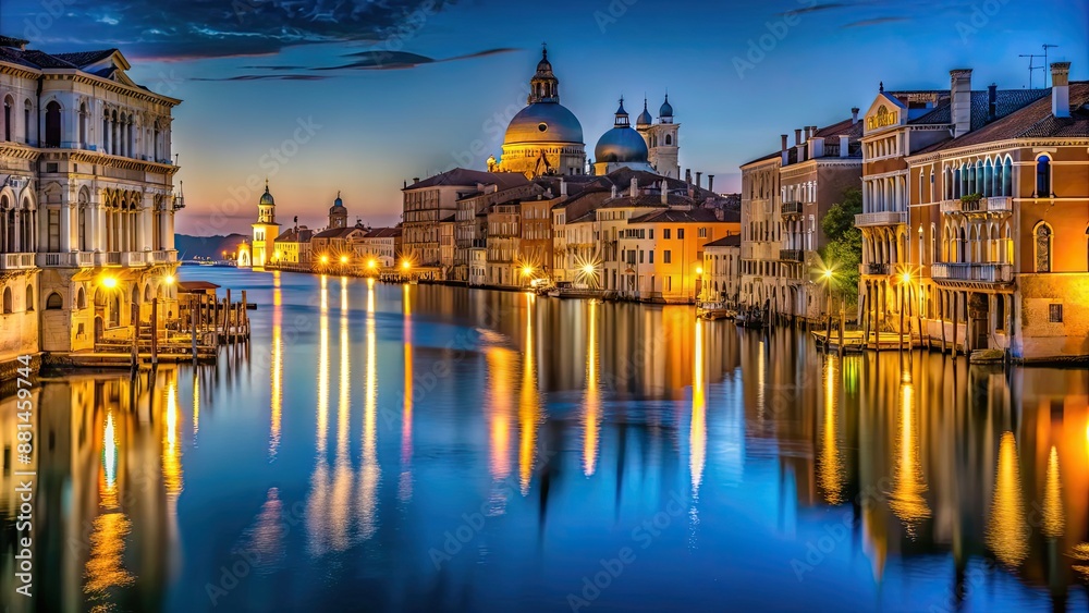 Naklejka premium Night view of Venice with beautiful reflections on the water, Venice, Italy, night, reflection, water, canal, gondola