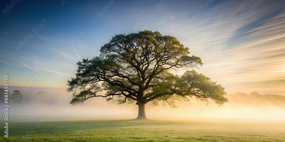 Fototapeta premium Oak tree surrounded by mist, foggy, woodland, forest, nature, misty, eerie, spooky, atmospheric, tranquil, fog
