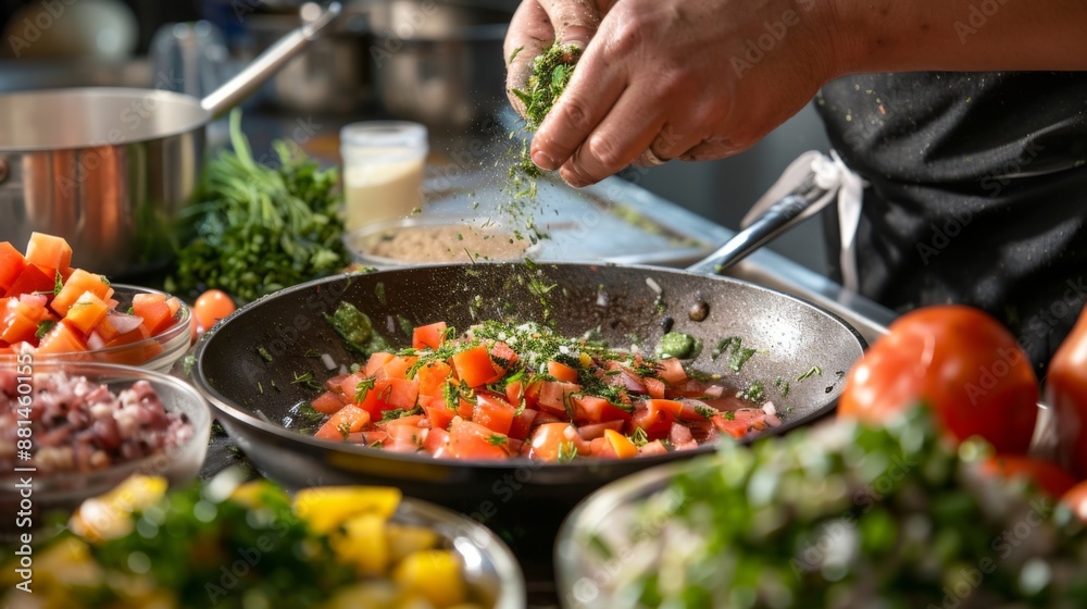 A chef adding a sprinkle of herbs to a dish, with a variety of colorful ingredients around. A chef adding a sprinkle of herbs to a dish, with a variety of colorful ingredients around.