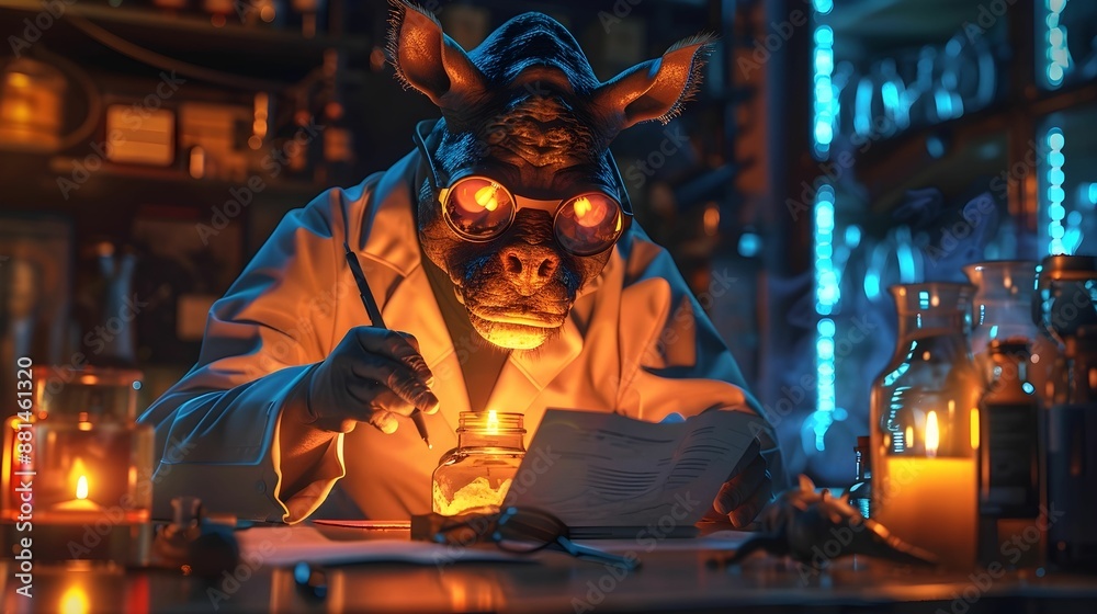 Indian Rhinoceros in a scientist’s outfit, studying fossils