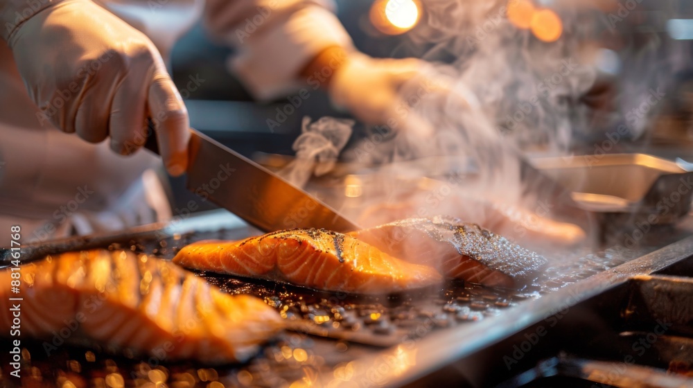 Fototapeta premium A chef slicing a grilled salmon fillet into portions, with steam rising from the hot fish.