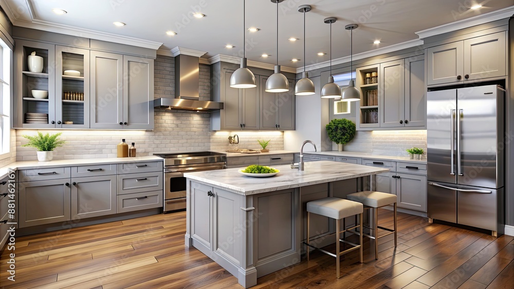 Fototapeta premium Modern kitchen with light gray cabinets, stainless steel appliances, and marble countertops, modern, kitchen