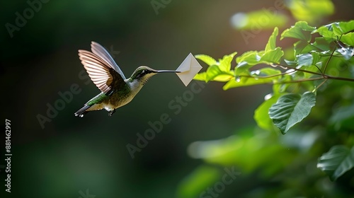 Hummingbird in a mail carrier’s outfit, delivering letters.